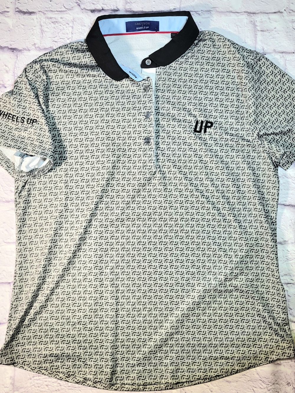 Greyson Polo Shirt Large Grey Geometric Golf Performance Stretch Wheels Up Women